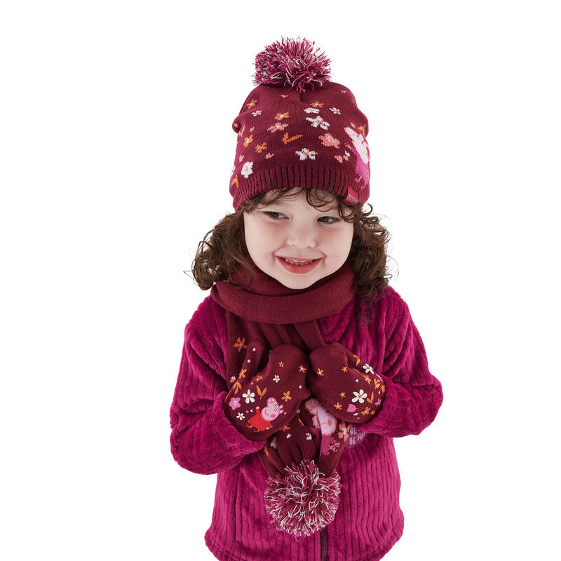 Conjunto de Gorro Luvas e Cachecol Pompom Malha Porquinha Peppa Rosa Baga /