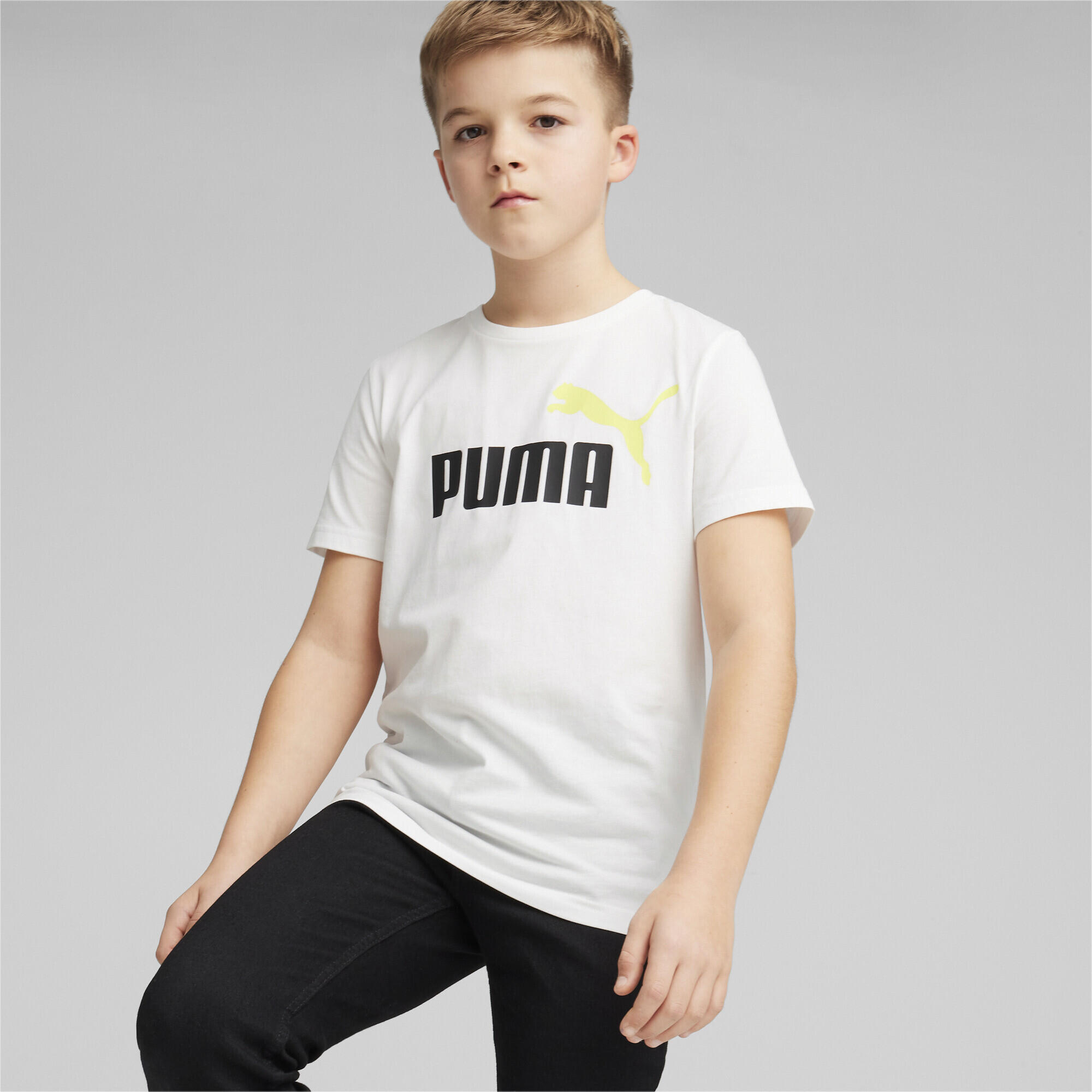Camiseta Essentials+ Logo bicolor Niño PUMA White Lime Sheen Green 2/5