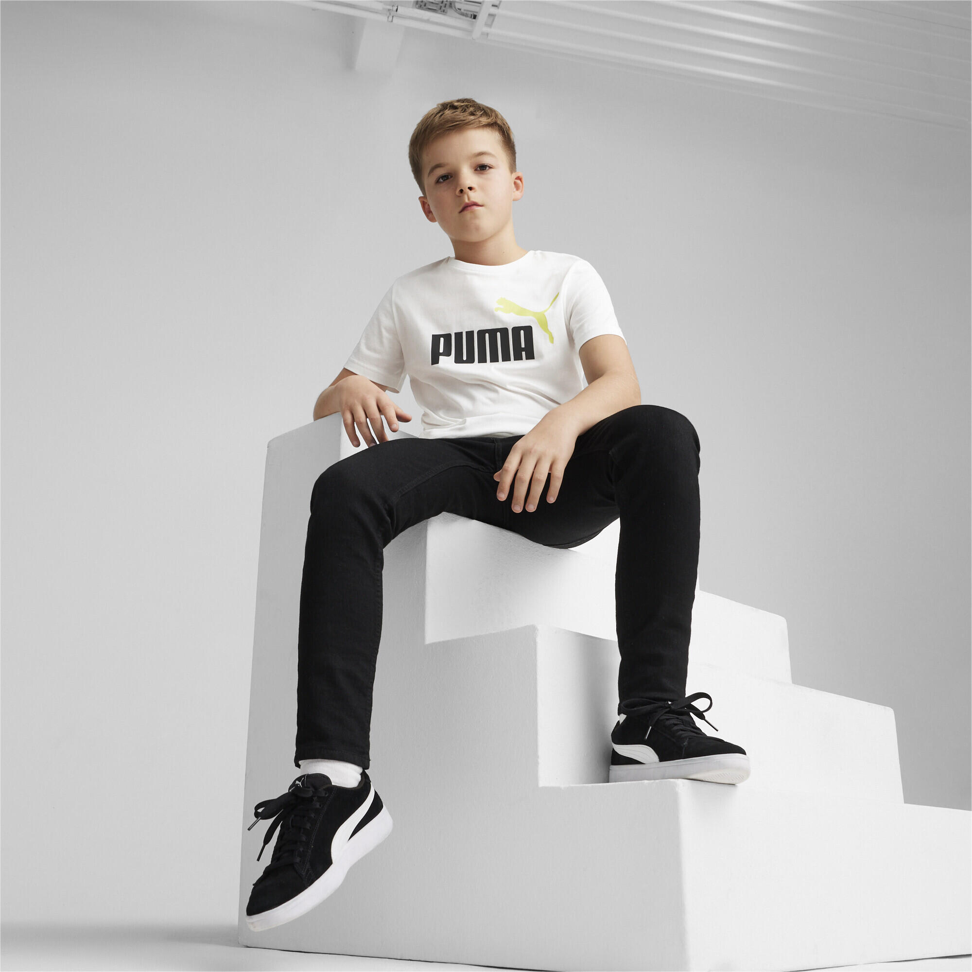Camiseta Essentials+ Logo bicolor Niño PUMA White Lime Sheen Green 4/5