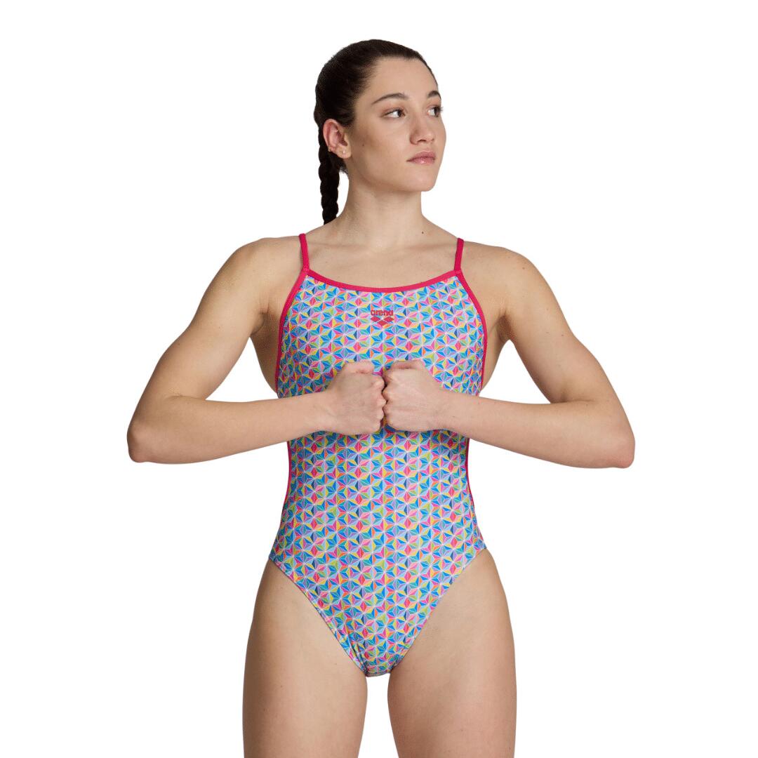 ARENA Maiô feminino Arena Starfish Lace Back Freak Rosa/Branco