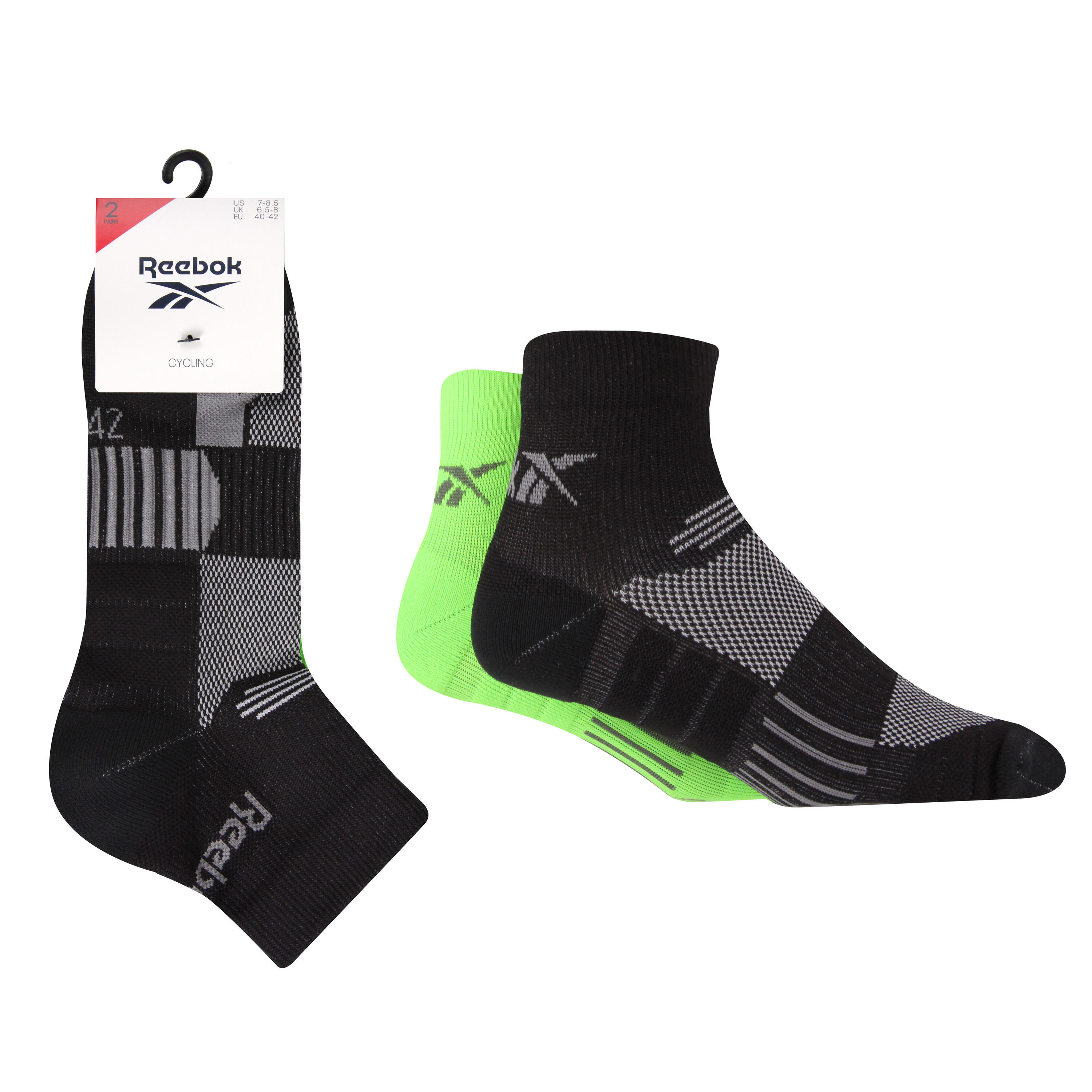 REEBOK 2 Pair Pack Cycling Socks With Full Elastic Compession and Arch Support