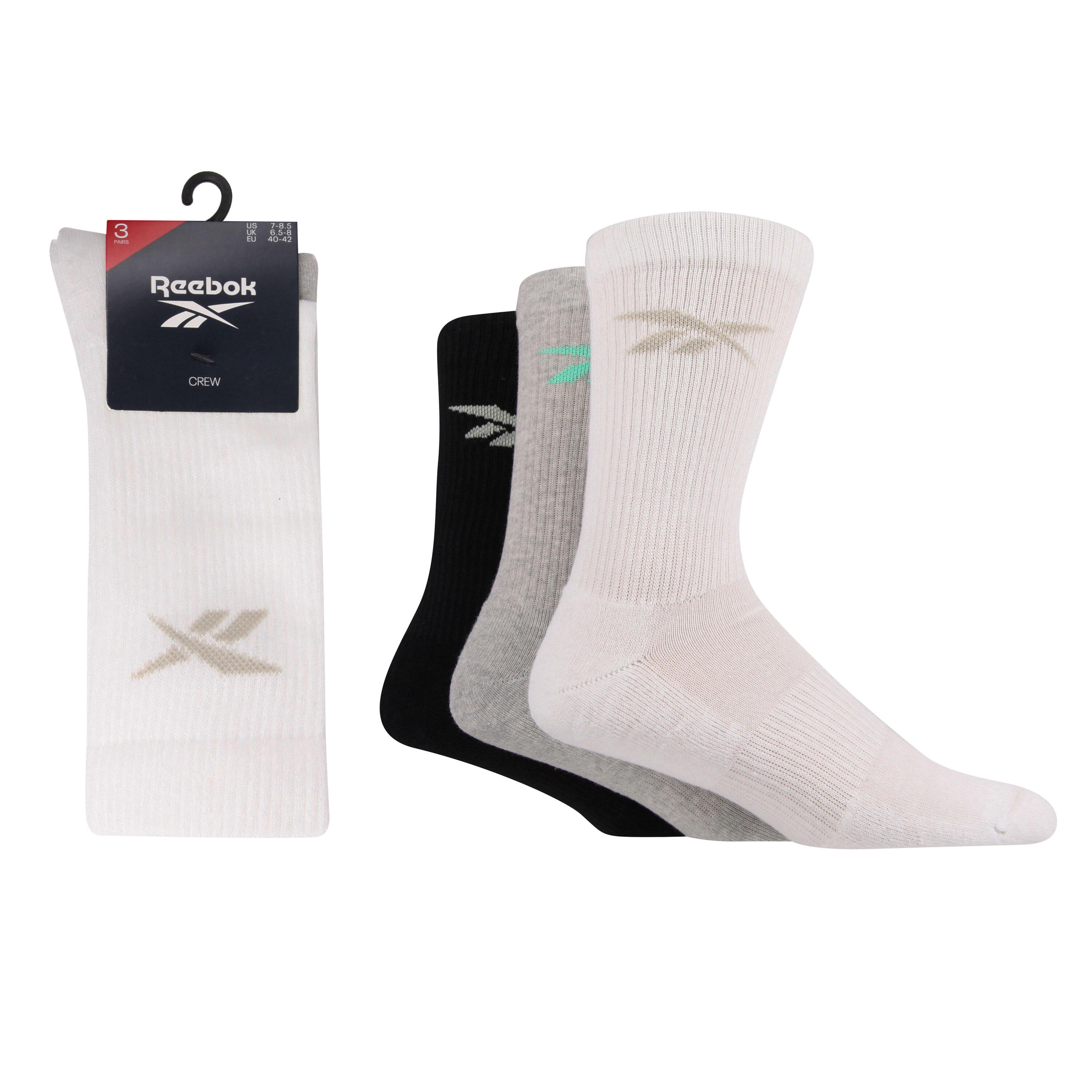REEBOK 3 Pack Crew Length Sport Socks With Cushion Sole, Arch Support And Seamless Toes