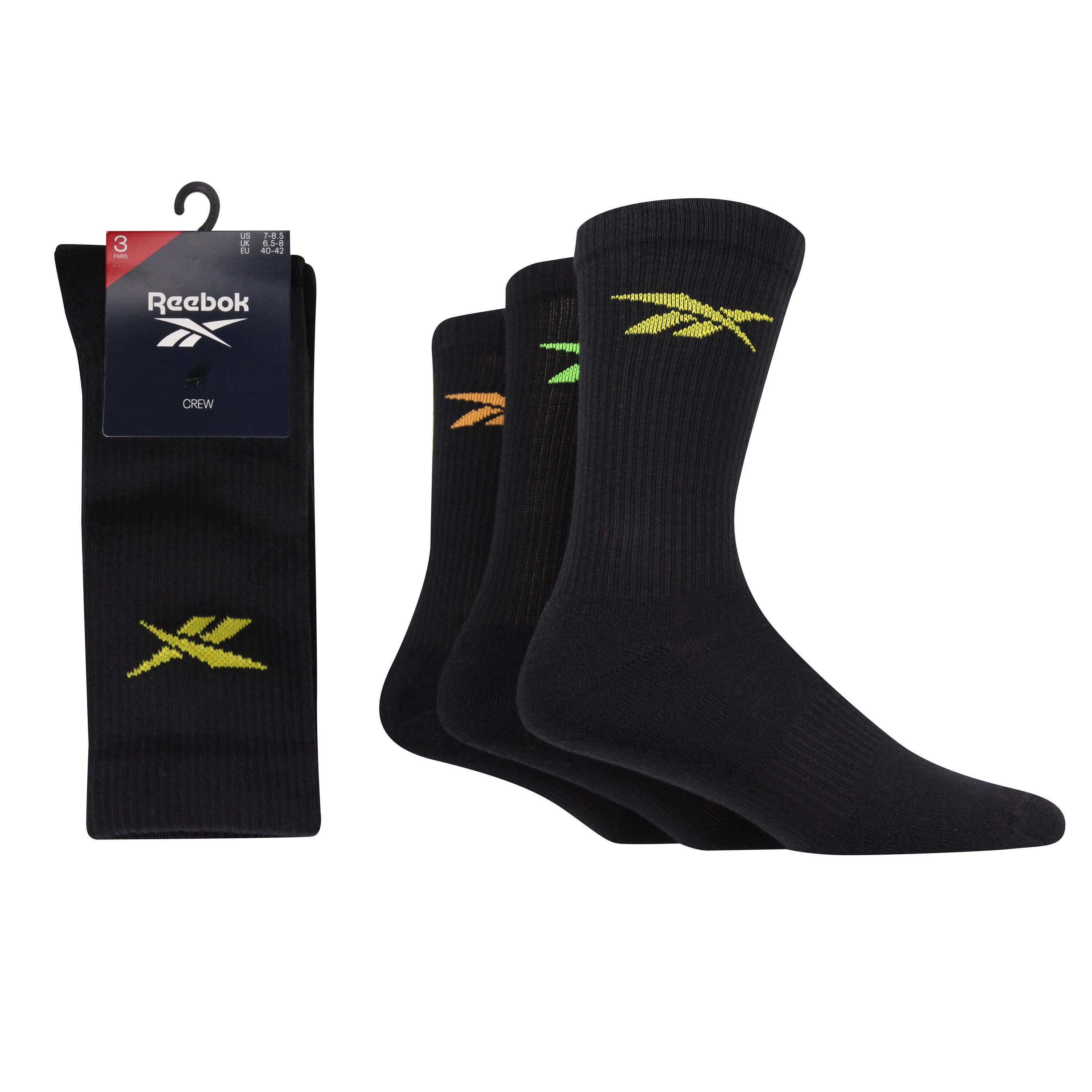 REEBOK 3 Pack Crew Length Sport Socks With Cushion Sole, Arch Support And Seamless Toes