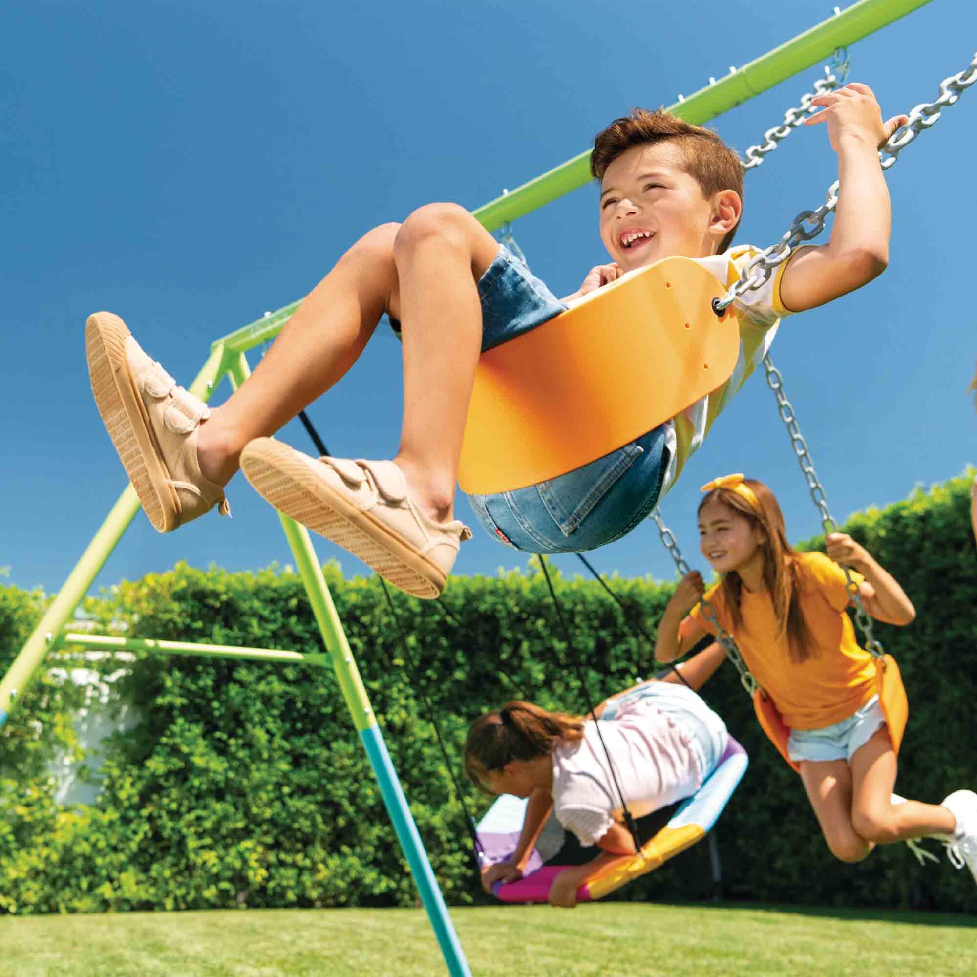 Portique pour enfants 3 agrès balançoires + nid d'oiseau 5/7