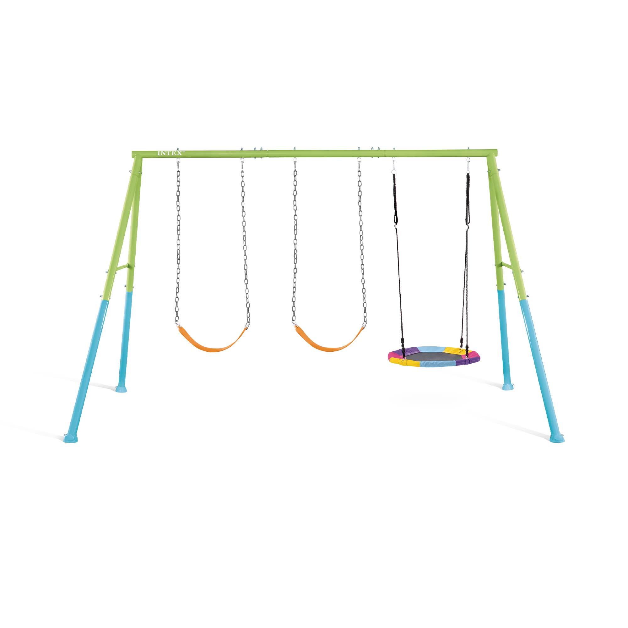 Portique pour enfants 3 agrès balançoires + nid d'oiseau 1/7
