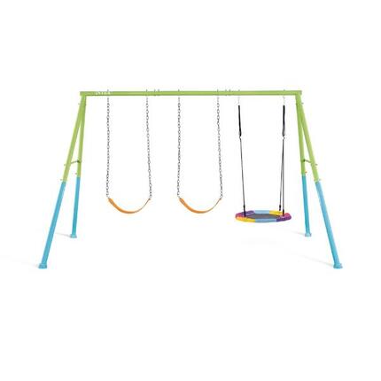 Portique pour enfants 3 agrès balançoires + nid d'oiseau
