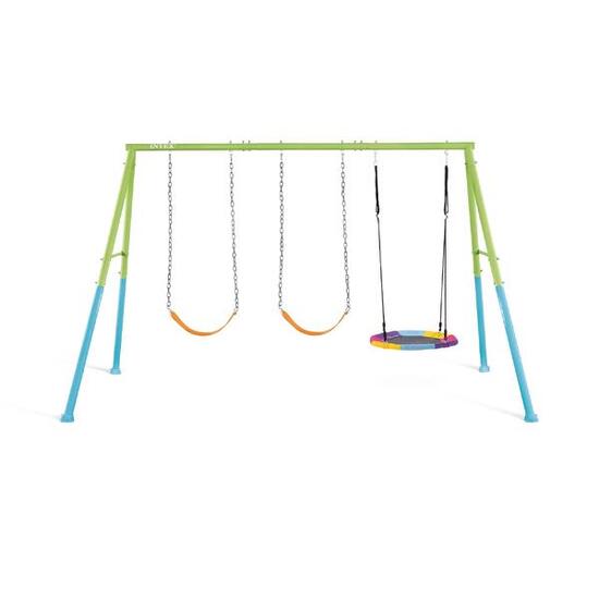 Portique pour enfants 3 agrès balançoires + nid d'oiseau