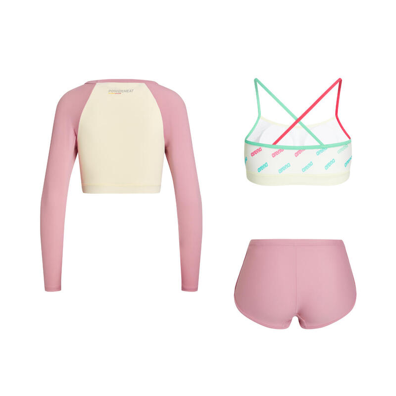 LADIES PASTEL POP BRA TOP SET WITH CROP LONG SLEEVES THIN THERMAL TOP - CREAM