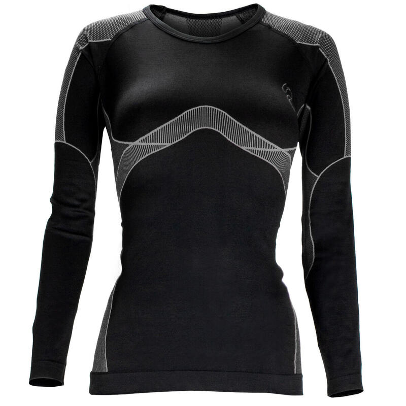 Camiseta deportiva | Ropa interior térmica | Mujer | Sin costuras | Negro/Gris
