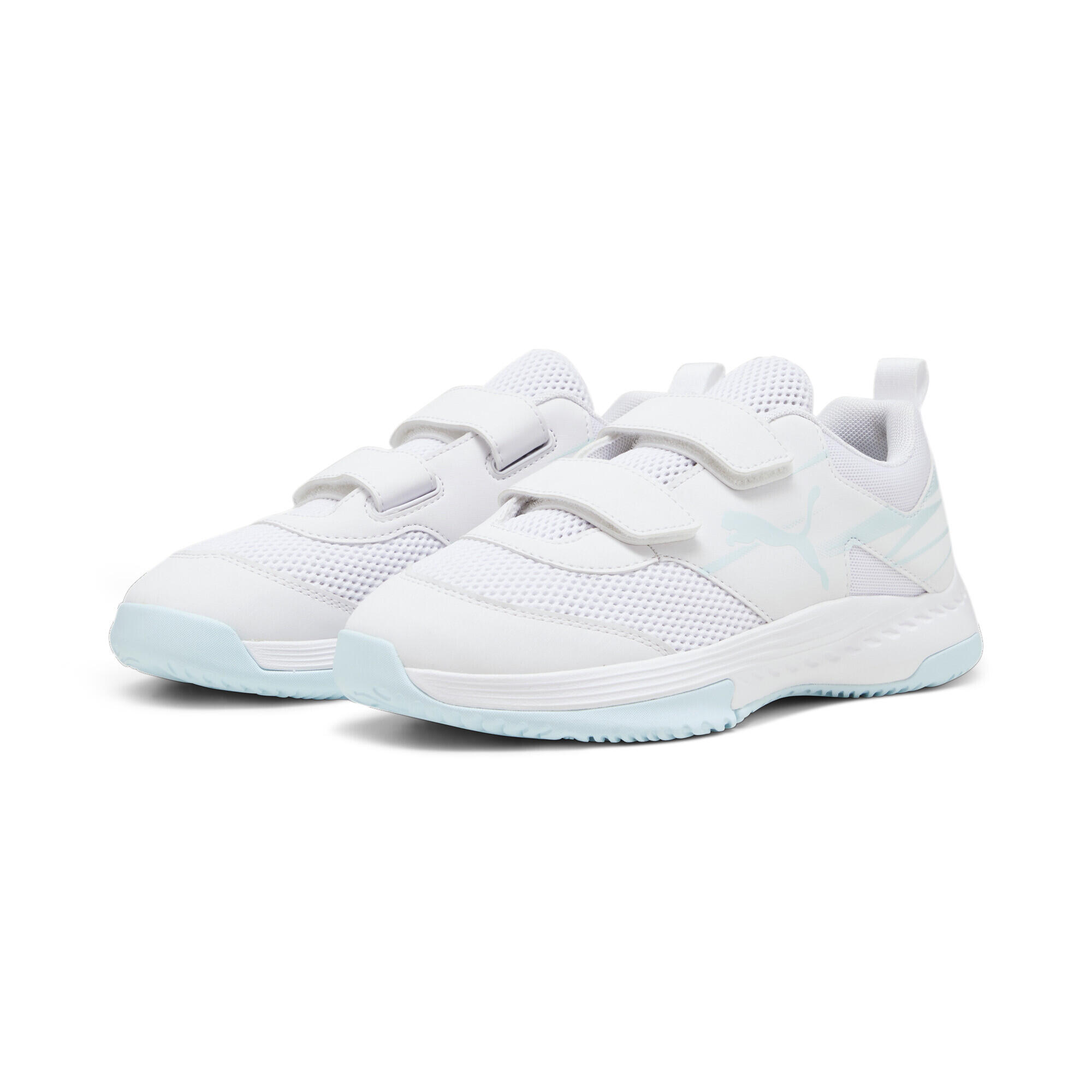 PUMA Dětské halové sportovní boty na suchý zip Varion II White Light Aqua Blue