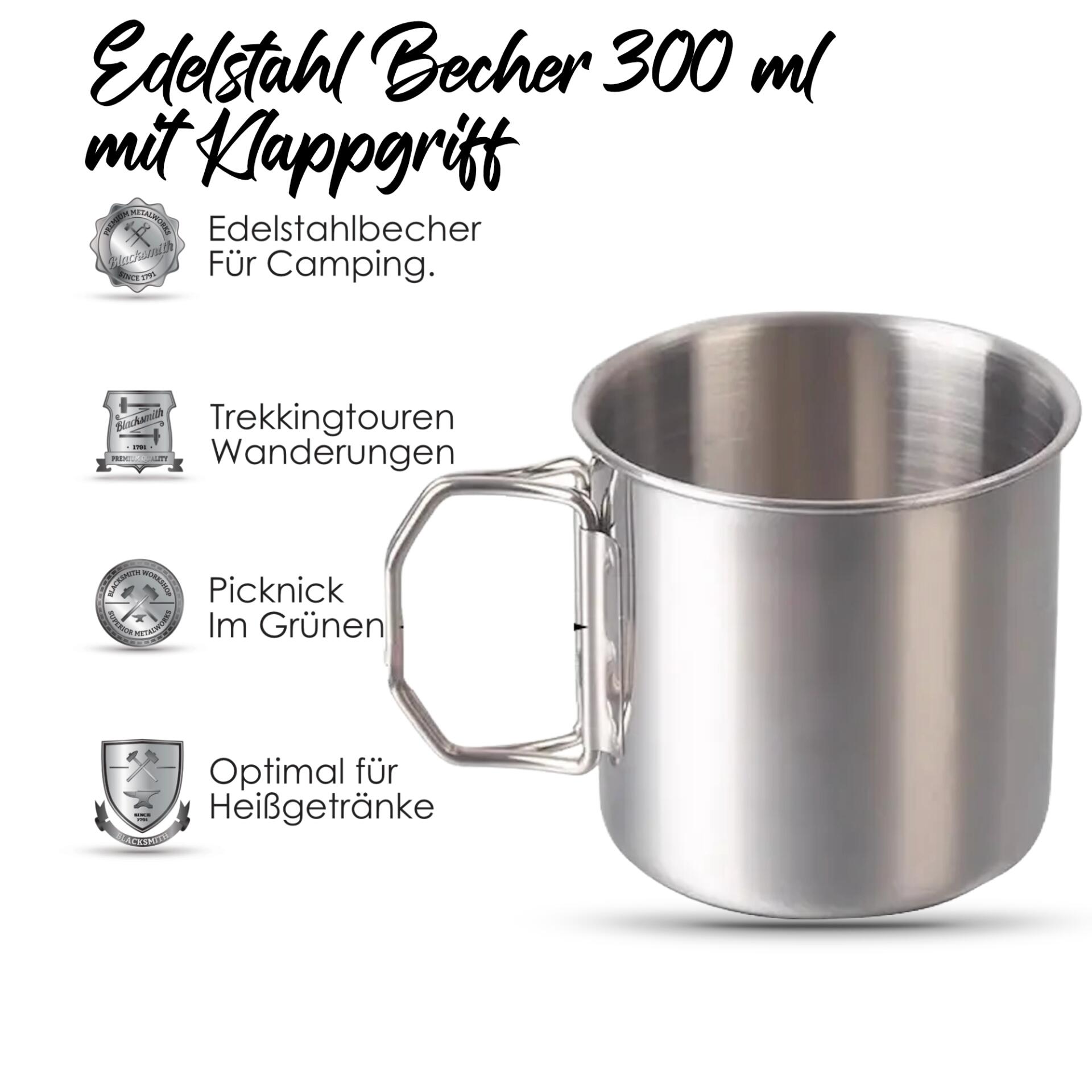 Edelstahlbecher Kaffe Tasse Tee Becher mit Klappgriff 300 ml 3/6
