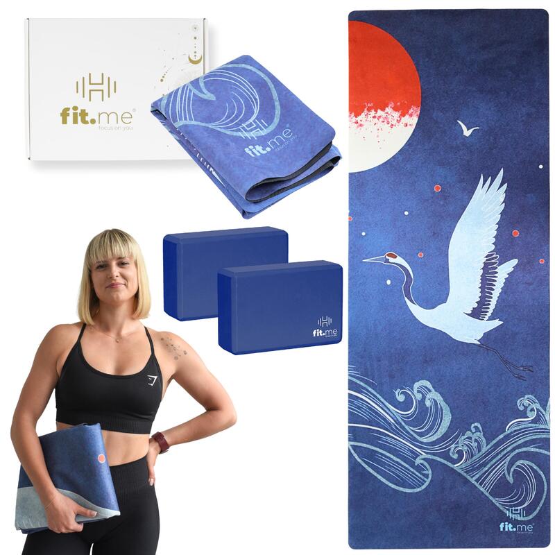 Zestaw: Mata do jogi zamszowa niebieski żuraw 0,15 cm + 2 kostki do jogi fit.me