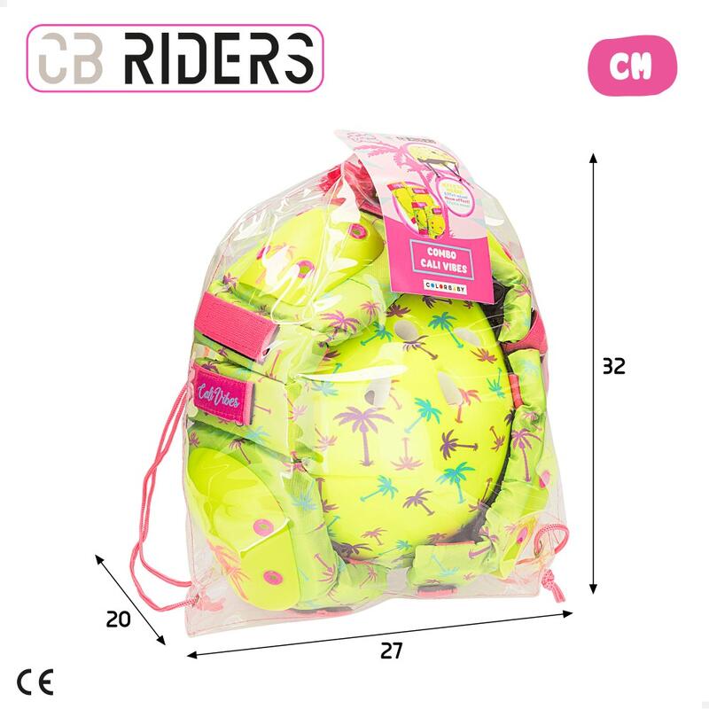 Conjunto de capacete, cotoveleiras e joelheiras amarelo neon CB Riders