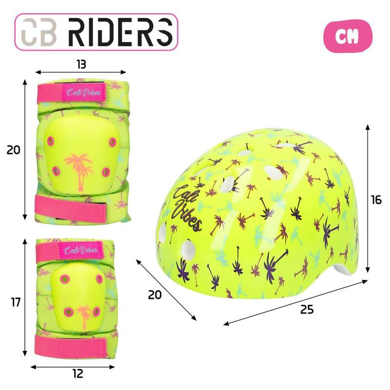 Conjunto de capacete, cotoveleiras e joelheiras amarelo neon CB Riders