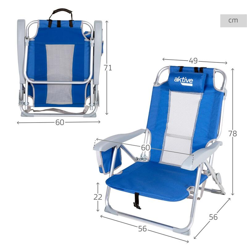 Cadeira de praia e espreguiçadeira 5 posições azul c/almofada e bolsos Aktive
