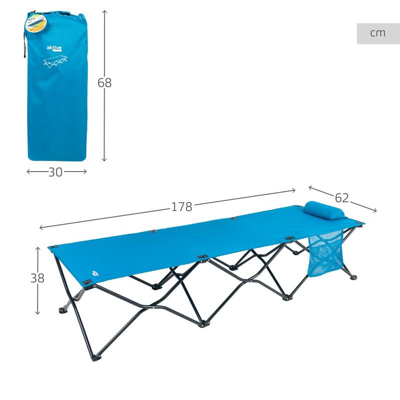 AKTIVE Lit de Camping Pliable pour Une Personne, Polyester, 178x65x36 cm, Bleu