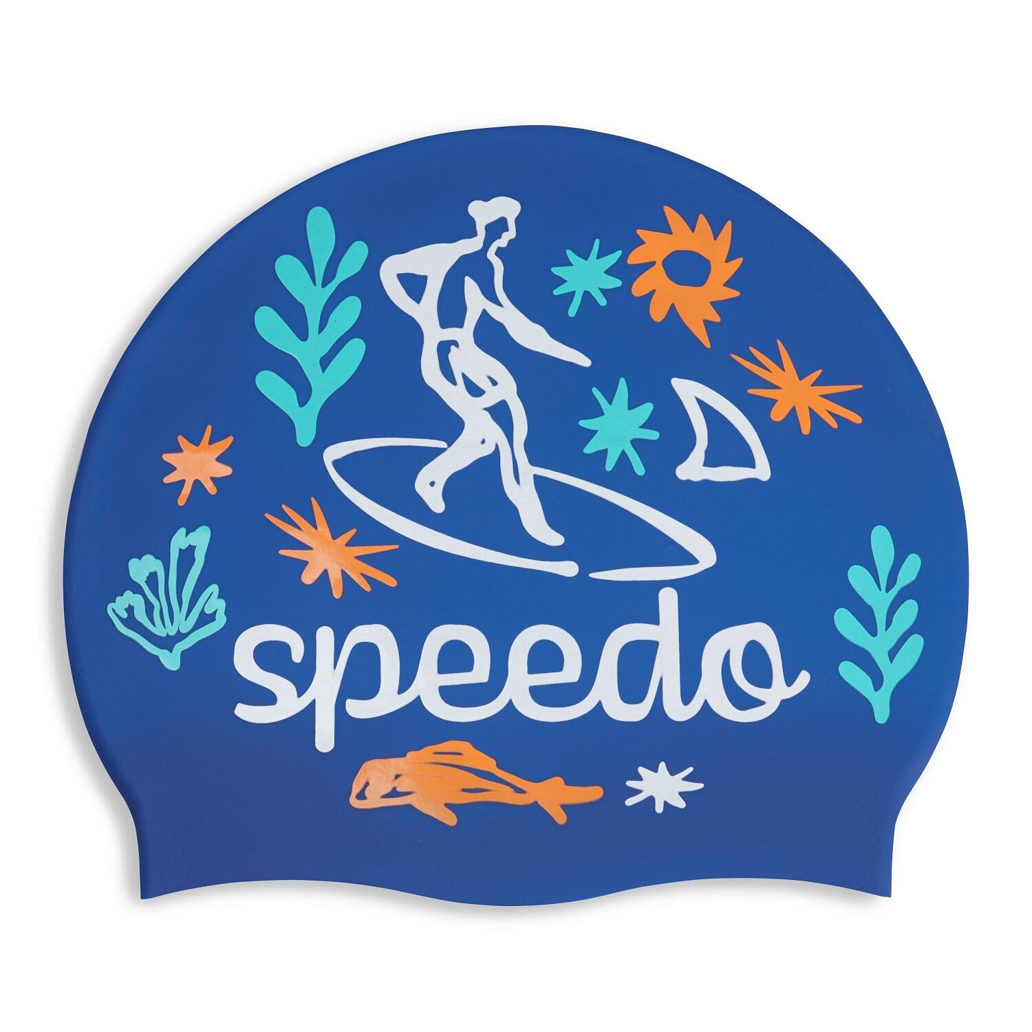 Boné Speedo Junior de silicone estampado - Azul/Branco 3/4