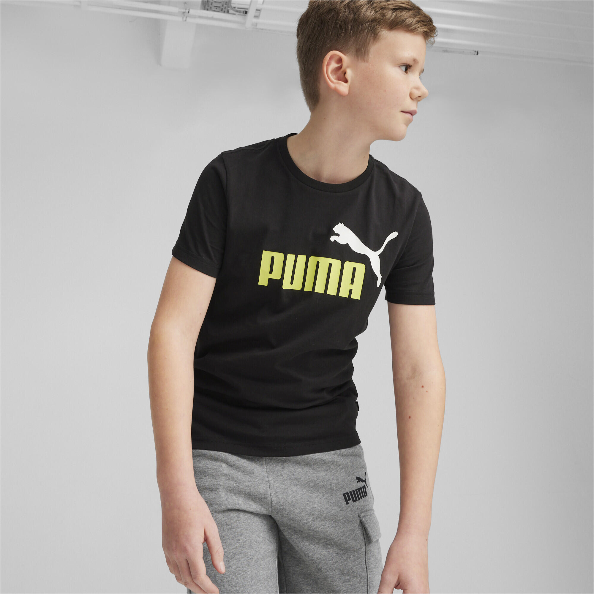 Camiseta Essentials+ Logo bicolor Niño PUMA Black Lime Sheen Green 2/5