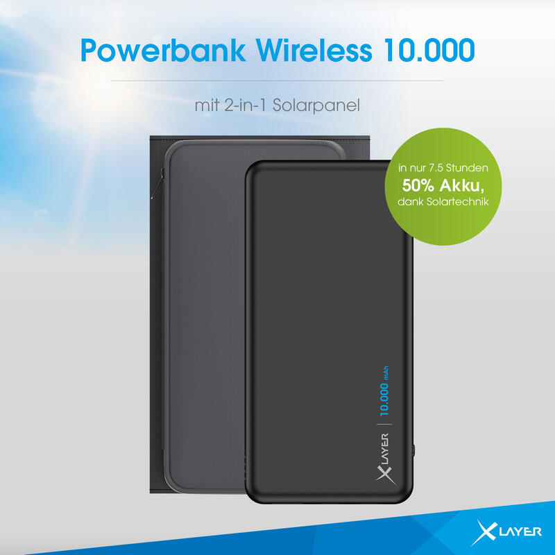 XLayer Powerbank 15W Wireless 10.000 mAh mit 2-in-1 Solarpanel Black
