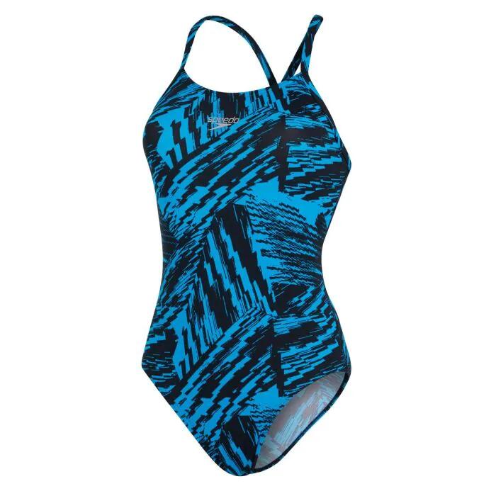 Speedo Allover Fixed Crossback Swimsuit - Black/ Pool 3/4