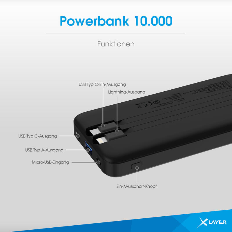 Xlayer Powerbank 10.000 mAh mit zwei integrierten Kabeln PD 20W Black