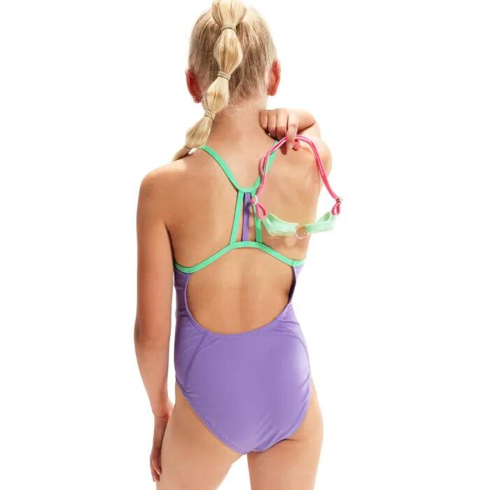 Speedo Girl's Solid Lane Line Back Swimsuit - Miami Lilac 3/5