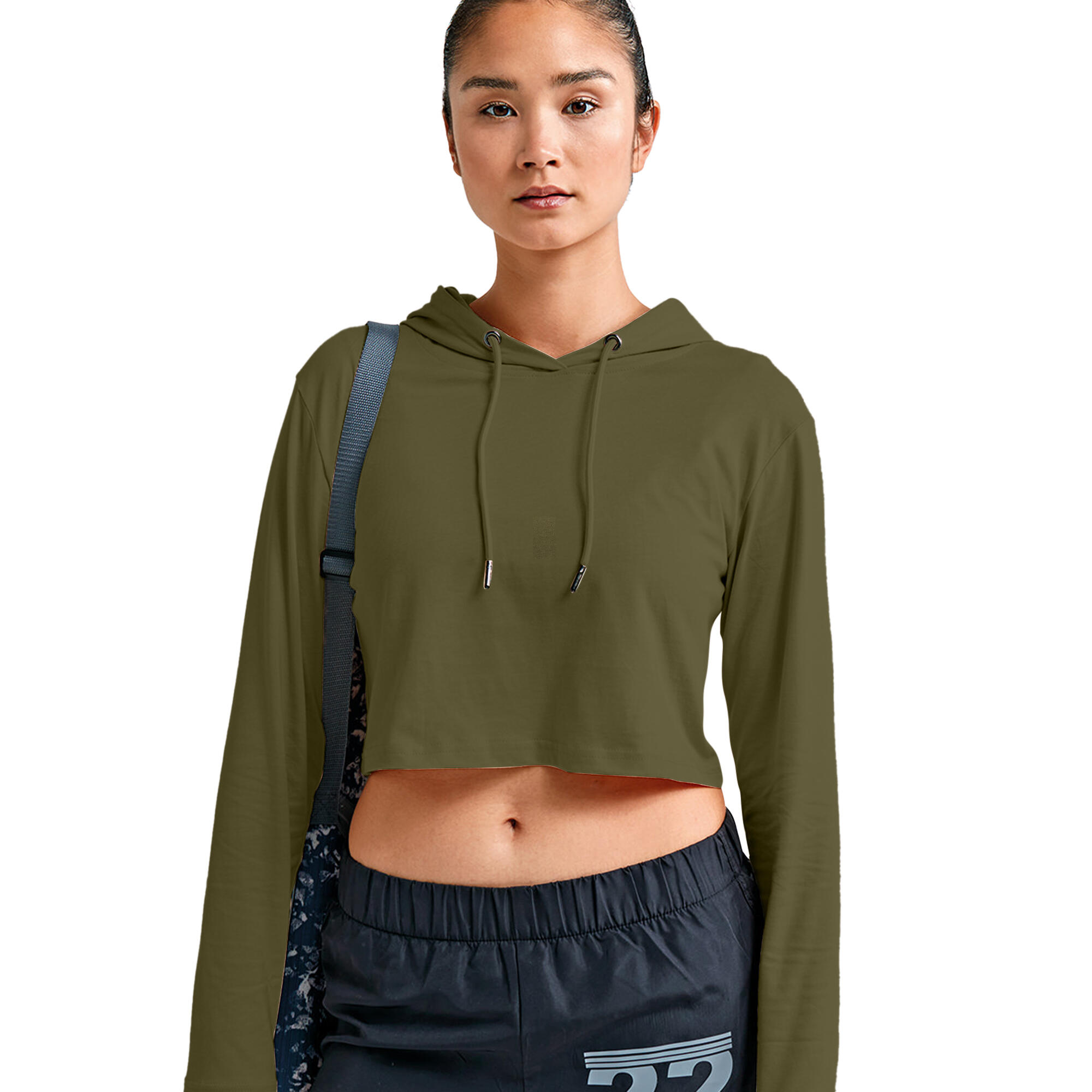 Womens/Ladies Cropped LongSleeved TShirt (Olive) 3/3