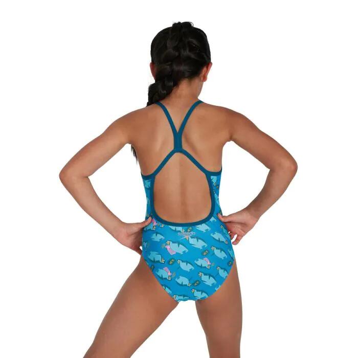 Speedo Girl's Flipper Phone Allover Vback Swimsuit - Pool/ Adriatic 2/4