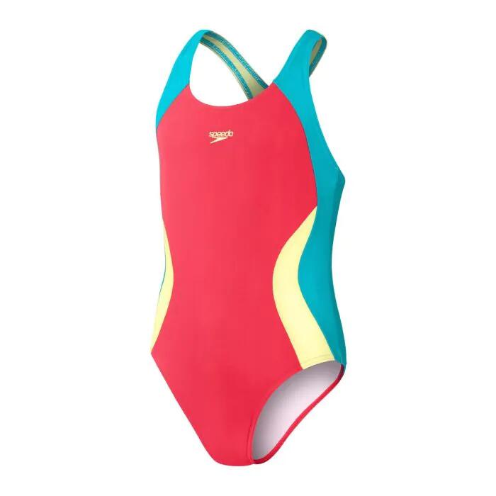 Speedo Girl's Colourback Spiritback Swimsuit - Raspberry Fill/ Spritz/ Aquarium 4/5