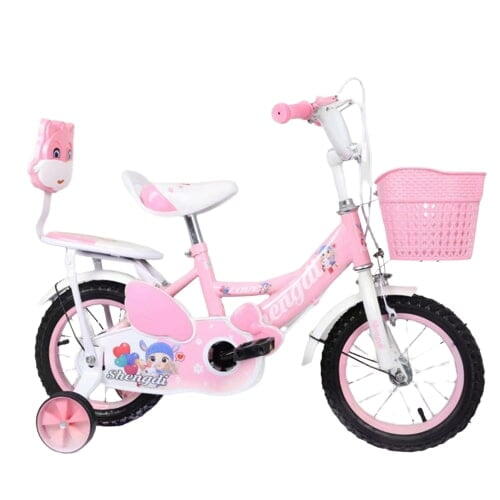 Bicicleta copii 3 – 6 ani, 14", Roz, Doua locuri, Roti ajutatoare, Frane