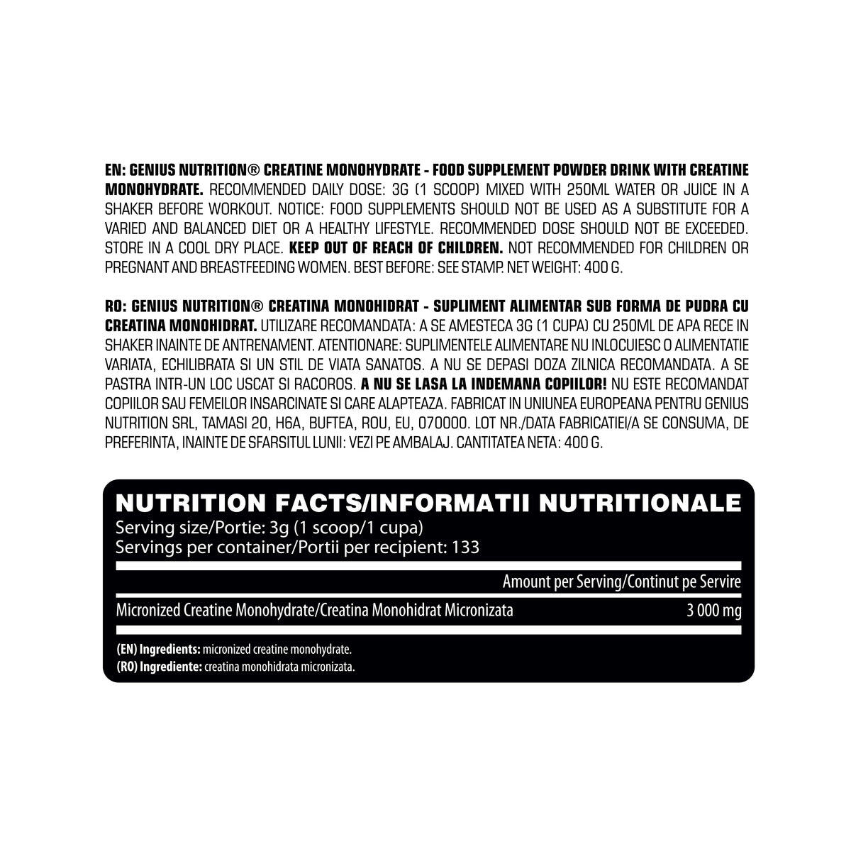 Genius Nutrition Creatine Monohydrate (400g) Unflavoured - Creatine 2/3