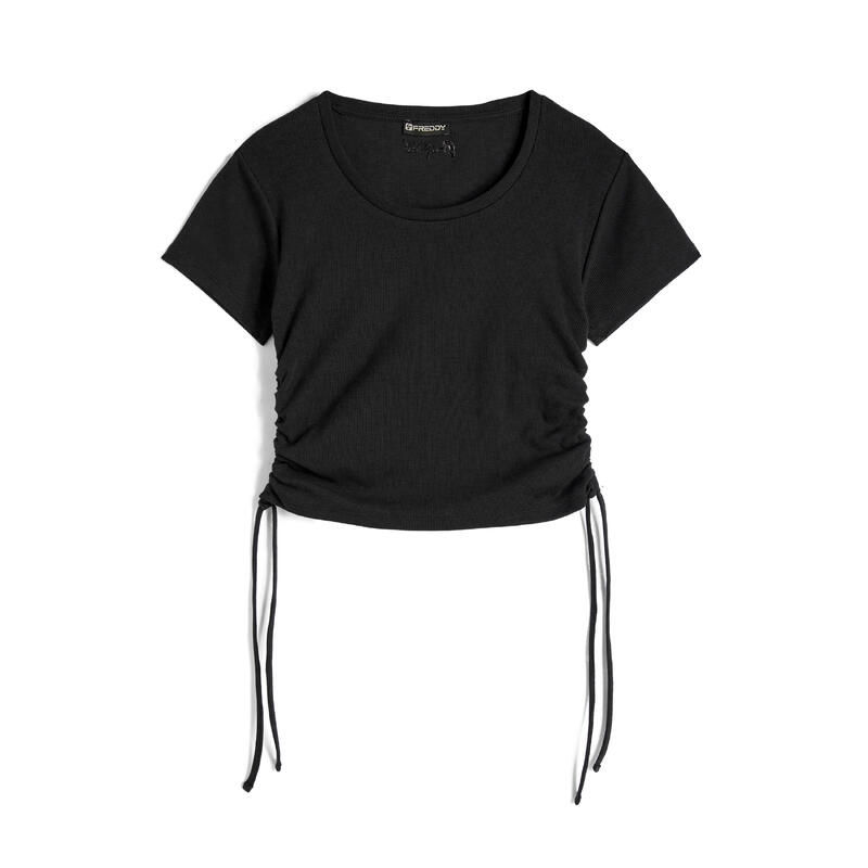 T-shirt donna slim fit in costina con laccetti sui fianchi