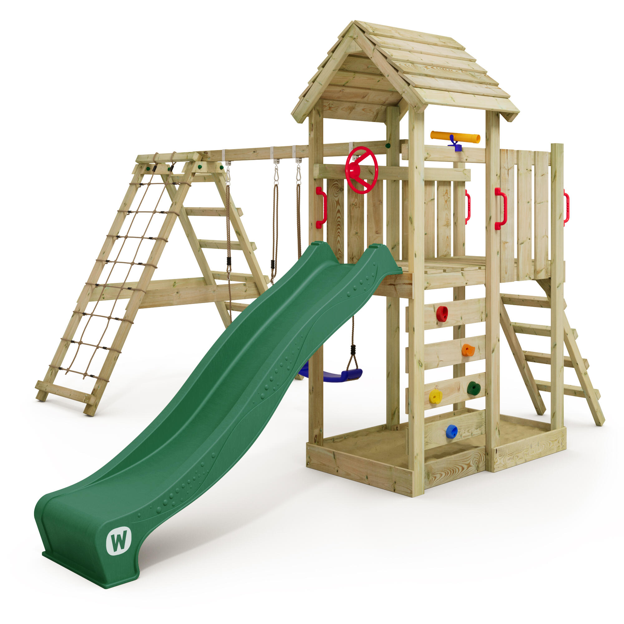WICKEY RocketFlyer speeltoren met schommel & groene glijbaan