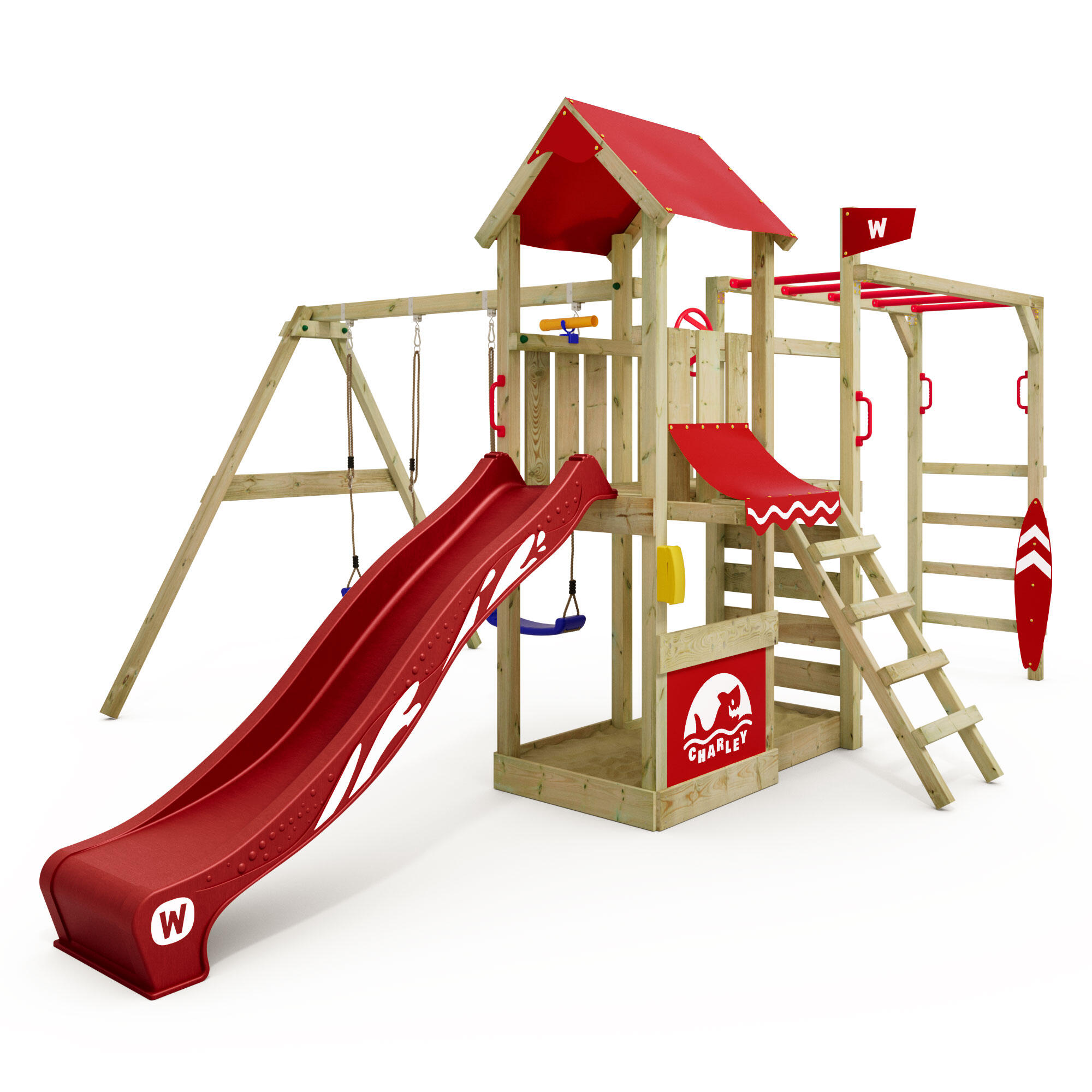 WICKEY Smart Baboon speeltoren met schommel & rode glijbaan