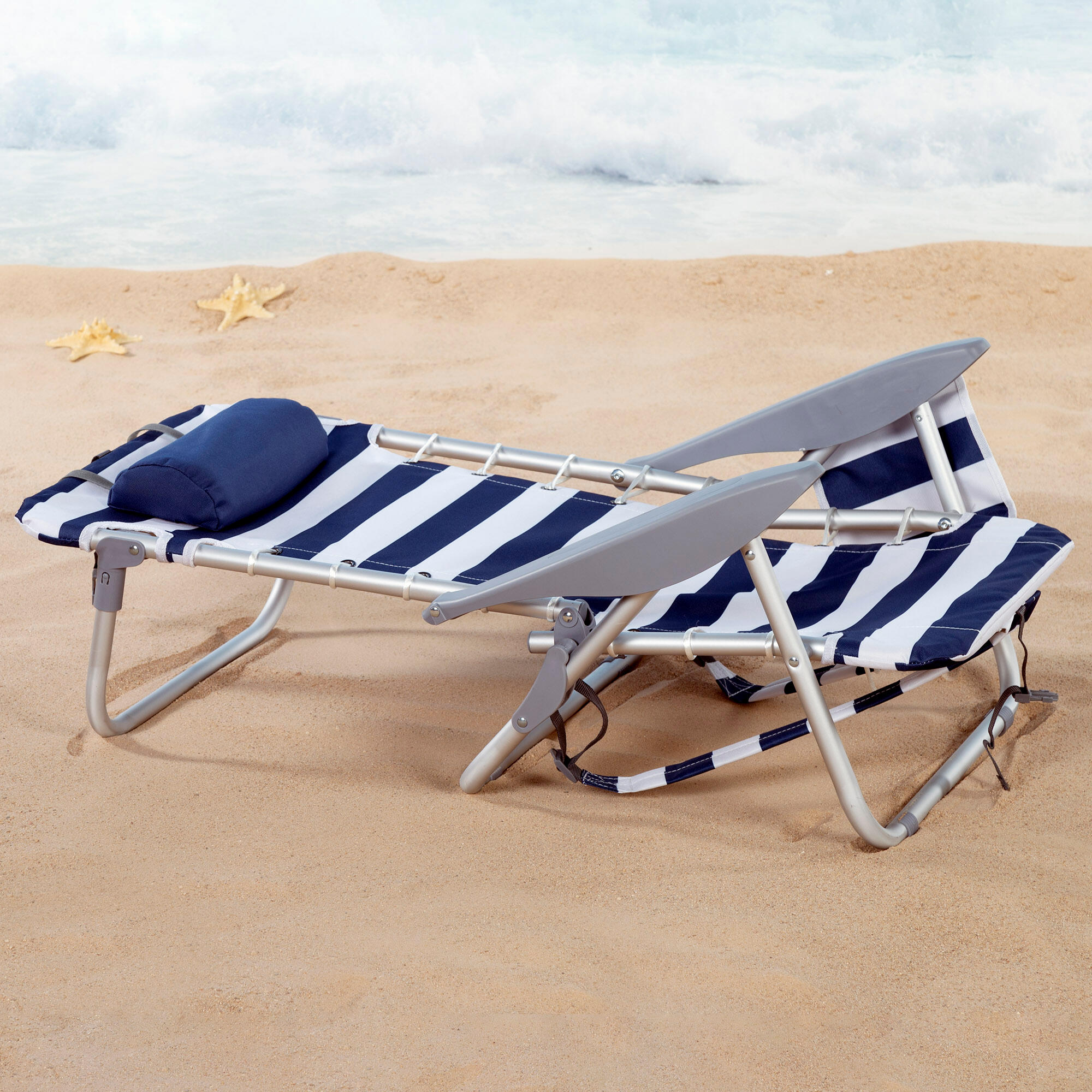 Pack 2 sillas playa a rayas c/cojín y bolsillo + sombrilla 240 cm 2 en 1   azul 3/7