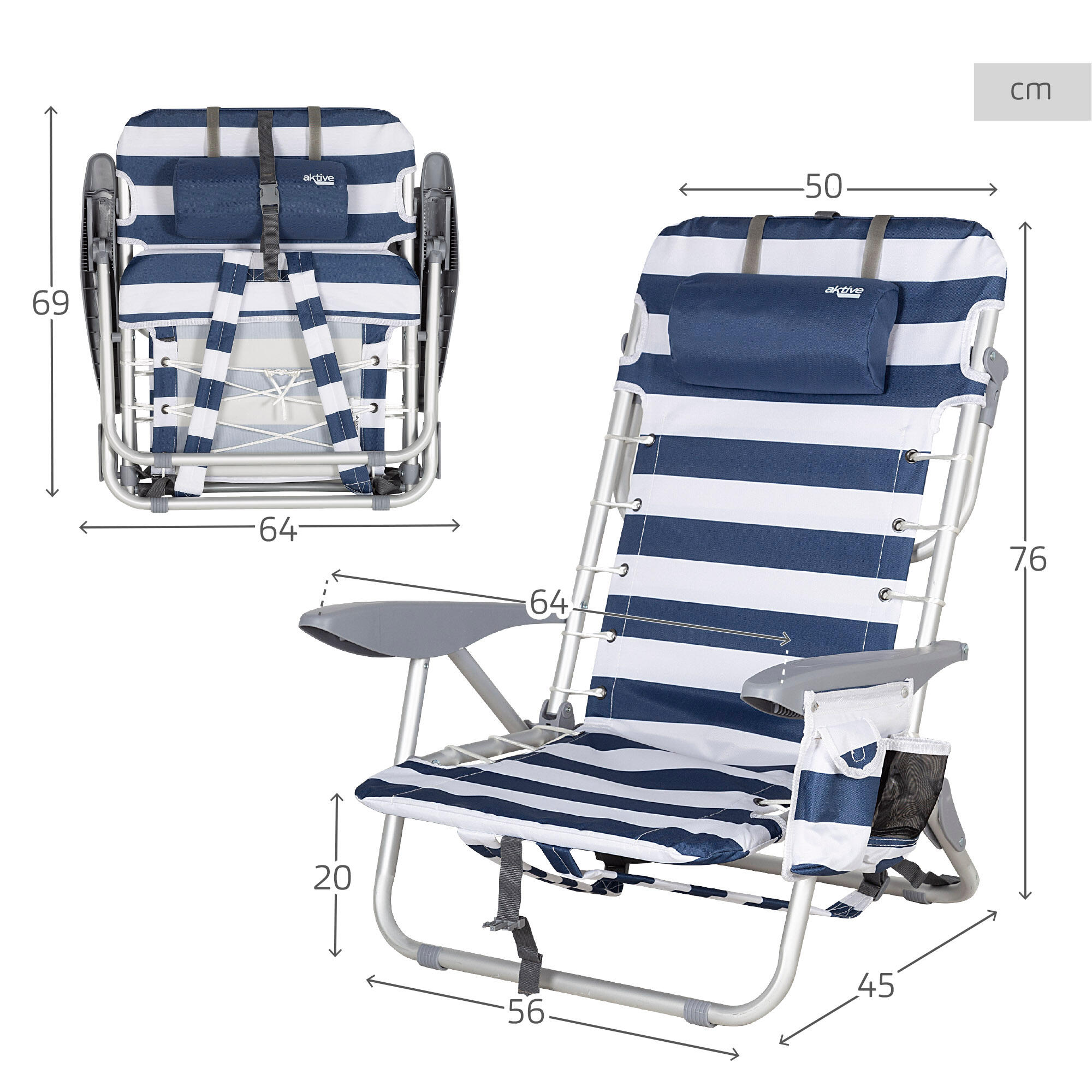 Pack 2 sillas playa a rayas c/cojín y bolsillo + sombrilla 240 cm 2 en 1   azul 6/7