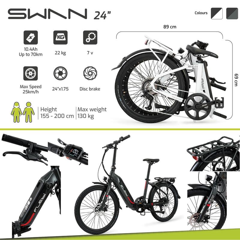 Bicicleta eléctrica Plegable de paseo Swan 24" Autonomía 70km - batería 10.4Ah