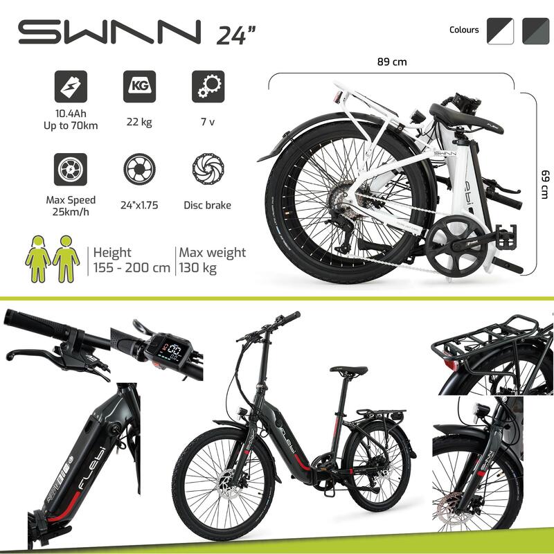 Opvouwbare elektrische toerfiets Swan 24" grijs | Batterij 10.4Ah - Tot 70km