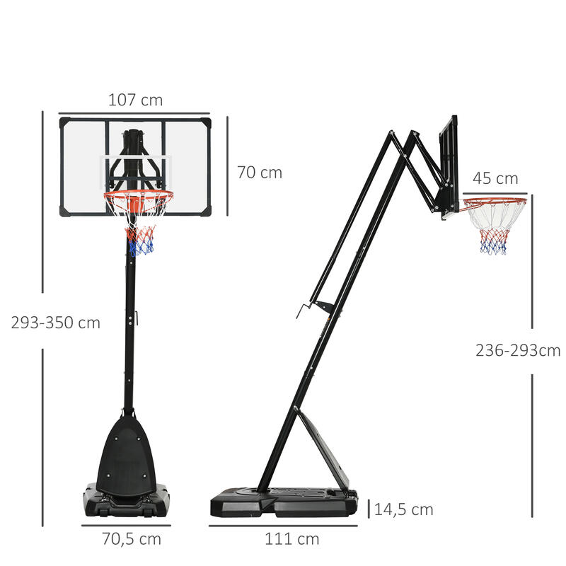 Tabela de Basquetebol SPORTNOW 111x70,5x293-350 cm Preto