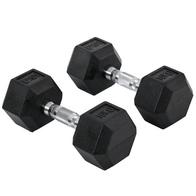 HOMCOM Set 2 Manubri da 10kg Esagonali in Metallo e Gomma Nero