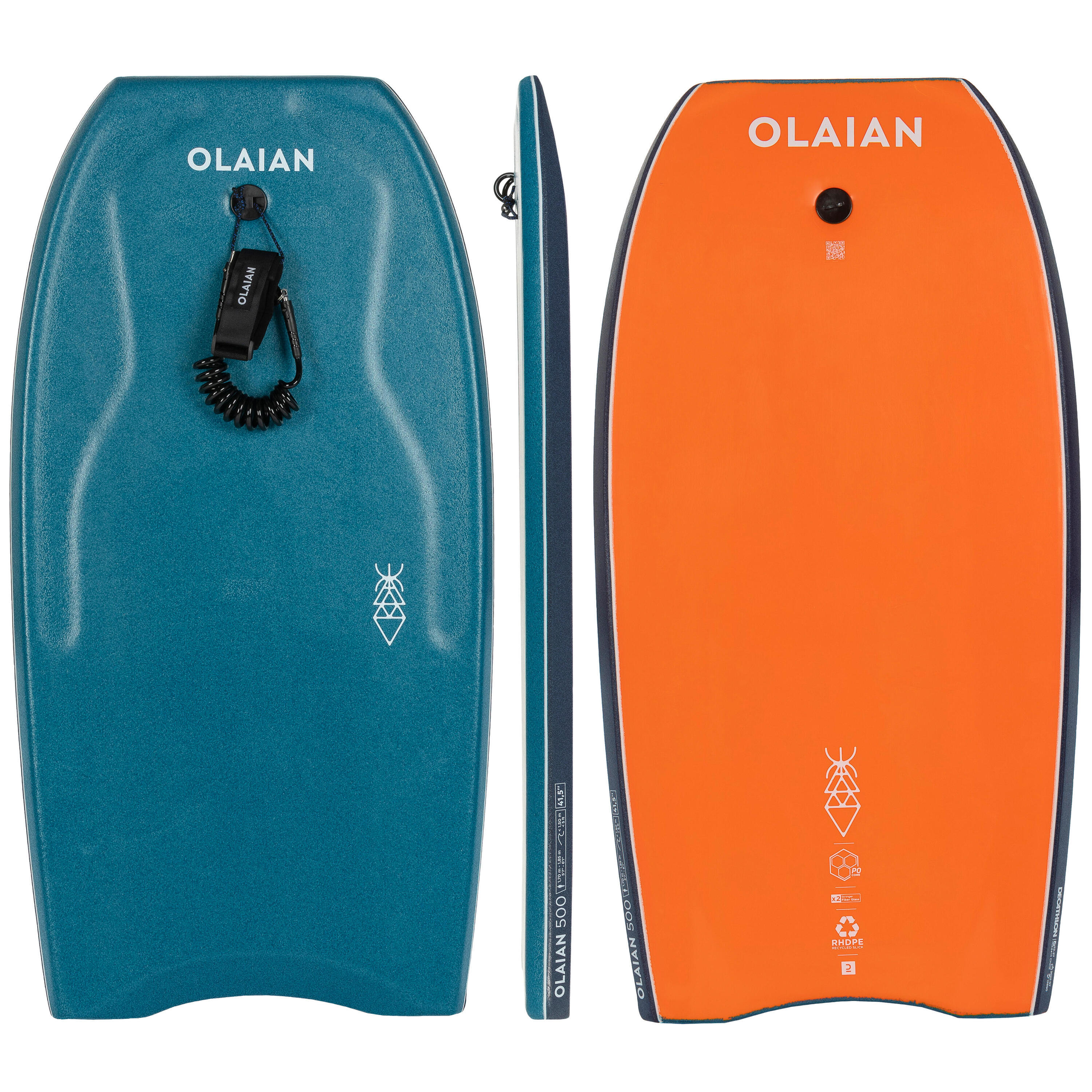 OLAIAN Refurbished Bodyboard 500 blue / orange with leash - A Grade