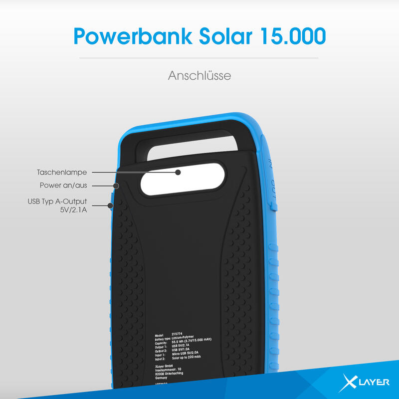 Zusatzakku XLayer Powerbank PLUS Solar Black/Blue 15.000 mAh