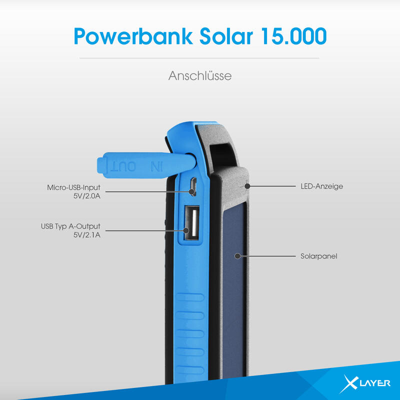 Zusatzakku XLayer Powerbank PLUS Solar Black/Blue 15.000 mAh
