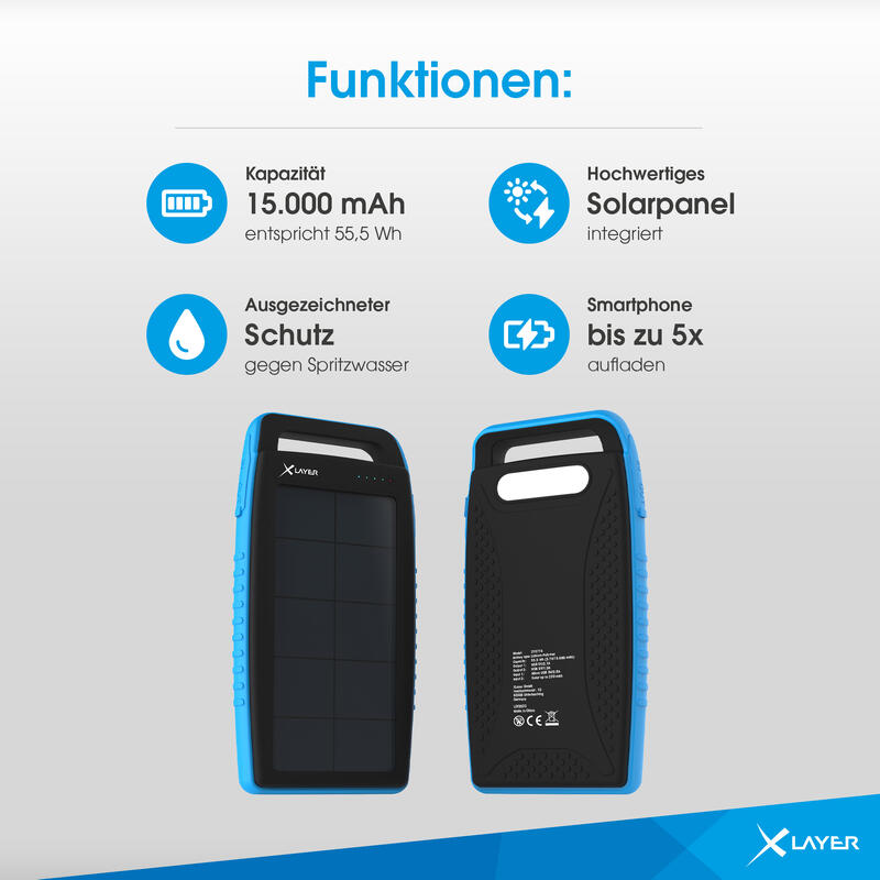 Zusatzakku XLayer Powerbank PLUS Solar Black/Blue 15.000 mAh