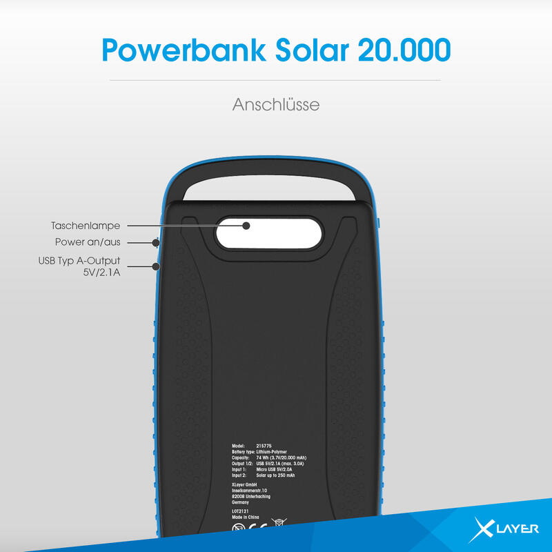 Zusatzakku XLayer Powerbank PLUS Solar Black/Blue 20.000 mAh