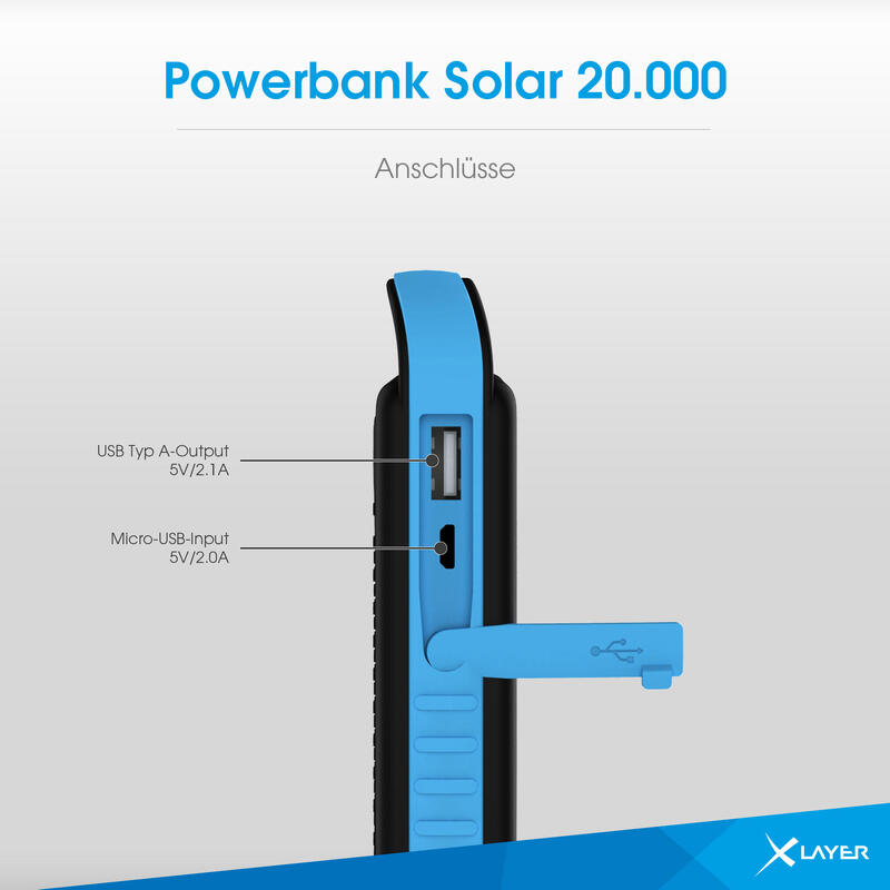 Zusatzakku XLayer Powerbank PLUS Solar Black/Blue 20.000 mAh