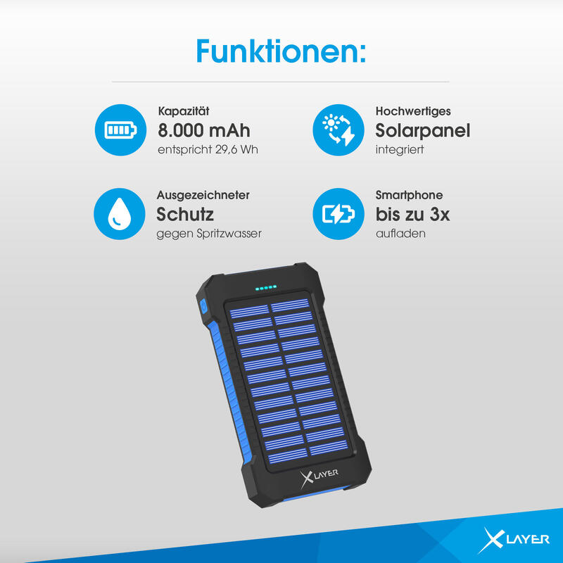 Zusatzakku XLayer Powerbank PLUS Solar Black/Blue 8.000 mAh