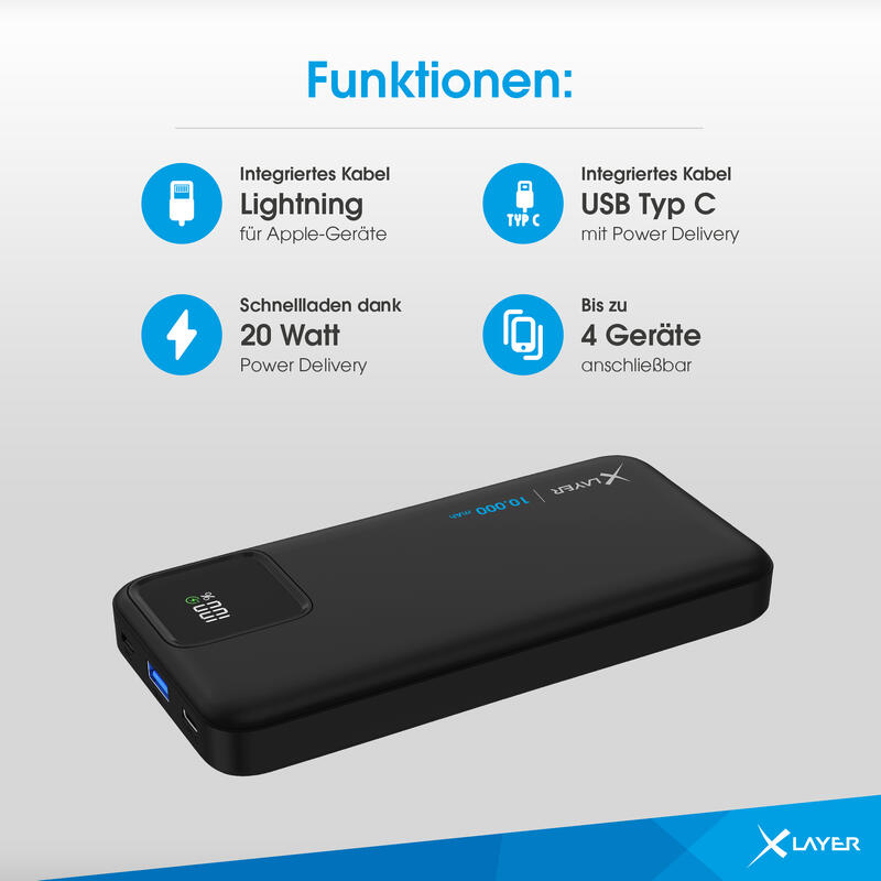 Xlayer Powerbank 10.000 mAh mit zwei integrierten Kabeln PD 20W Black