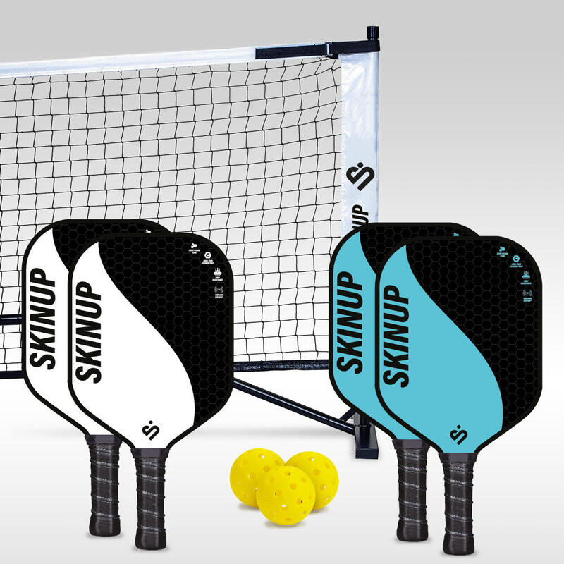 Lot 4 raquettes pickleball Yin Yang blanches/bleues, 3 balles et un filet