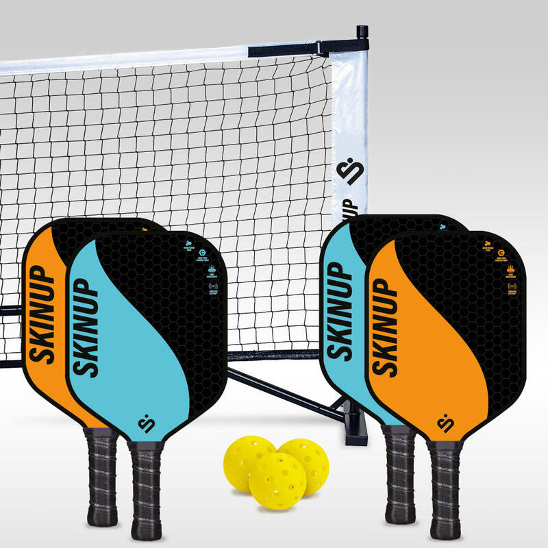 SKINUP 4 oranje/blauwe Yin Yang pickleball rackets, 3 ballen en net